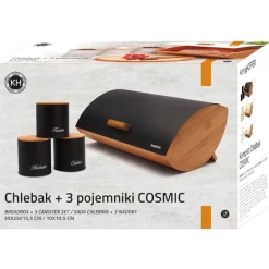 Chlebak bambusowy i 3 pojemniki stalowe Konighoffer Cosmic czarny komplet