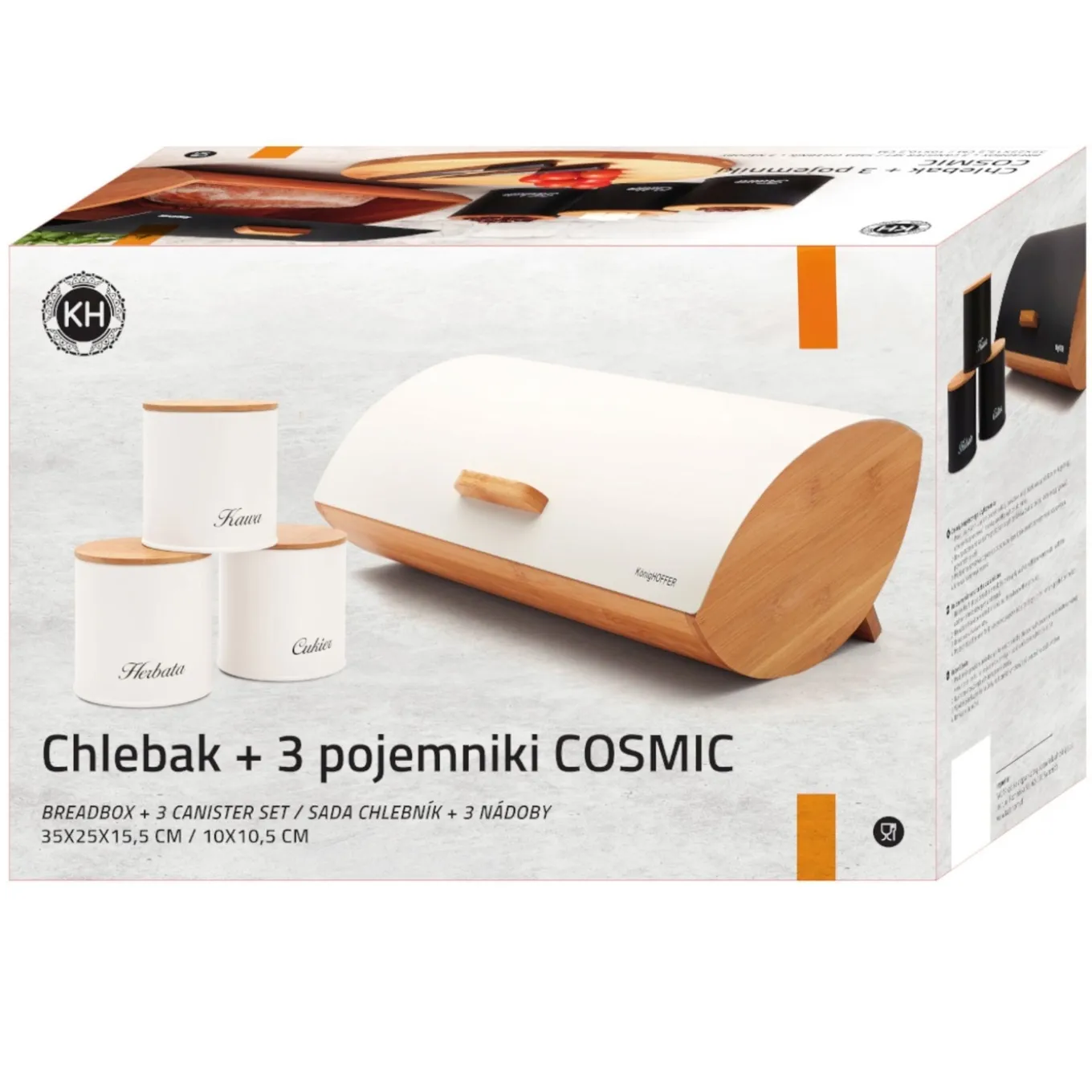 Chlebak bambusowy i 3 pojemniki stalowe Konighoffer Cosmic biały komplet
