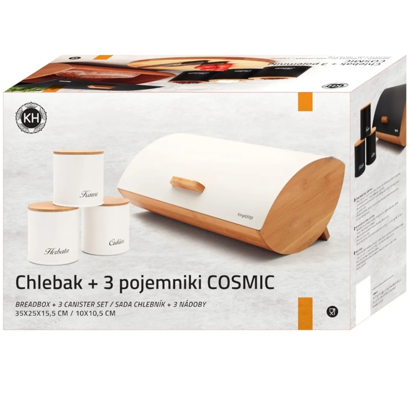 Chlebak bambusowy i 3 pojemniki stalowe Konighoffer Cosmic kremowy komplet