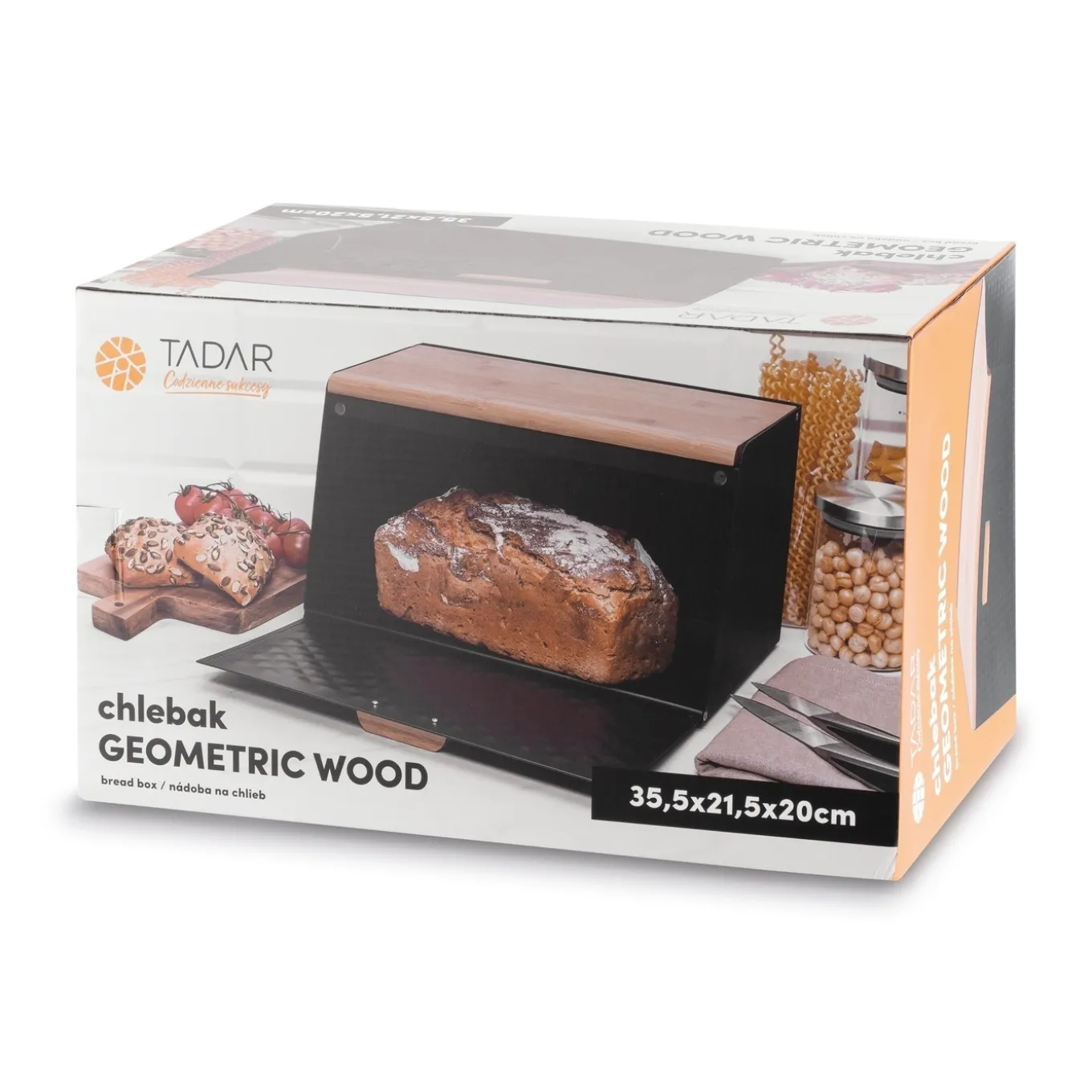 Chlebak stalowy Tadar Geometric Wood 35,5 x 21,5 x 20 cm czarny