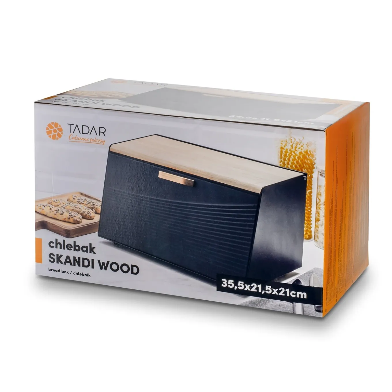 Chlebak stalowy Tadar Skandi Wood 20,5 x 35,5 x 21,5 cm czarny