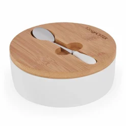 Cukiernica porcelanowa z bambusową pokrywką i łyżeczką Konighoffer 14,5 x 5 cm biała