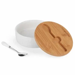 Cukiernica porcelanowa z bambusową pokrywką i łyżeczką Konighoffer 14,5 x 5 cm biała