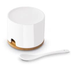 Cukiernica z łyżeczką i bambusową pokrywką porcelanowa NBC Konighoffer 350 ml biała