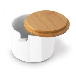 Cukiernica z łyżeczką i bambusową pokrywką porcelanowa NBC Konighoffer 350 ml biała