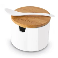Cukiernica z łyżeczką i bambusową pokrywką porcelanowa NBC Konighoffer 350 ml biała