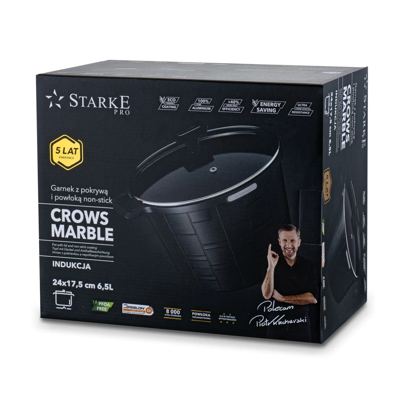 Garnek wysoki na indukcję z powłoką marmurową i pokrywką Starke Pro Crows Marble 6,5 l