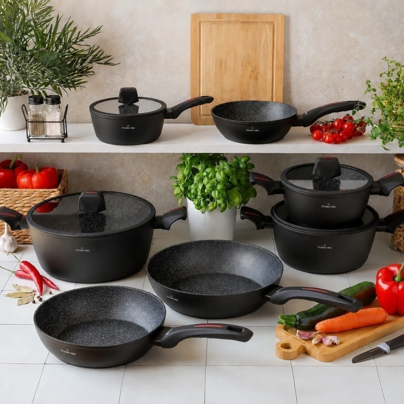 Komplet garnków i patelni z ceramiczną powłoką Starke Pro Piccante 11 elementów