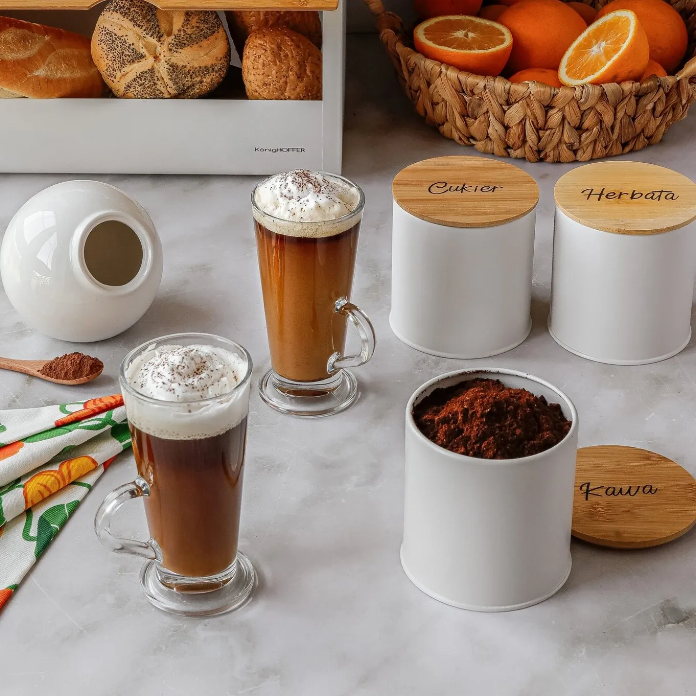 Komplet sześciu szklanek Tadar Caffe Latte 250 ml i 6 łyżeczek koktajlowych