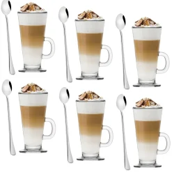 Komplet sześciu szklanek Tadar Caffe Latte 250 ml i 6 łyżeczek koktajlowych