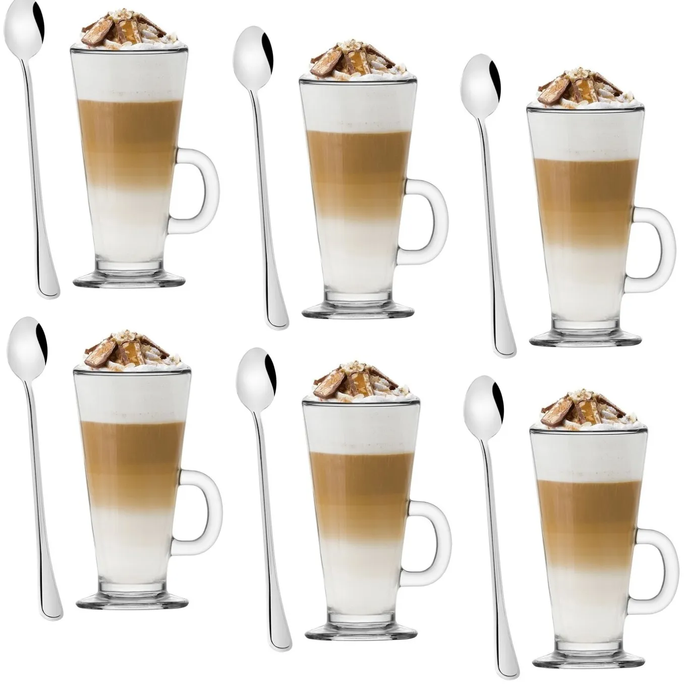 Komplet sześciu szklanek Tadar Caffe Latte 250 ml i 6 łyżeczek koktajlowych