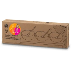 Miseczki do dipów NBC na desce bambusowej z łyżeczkami Konighoffer 3 x 150 ml biały połysk