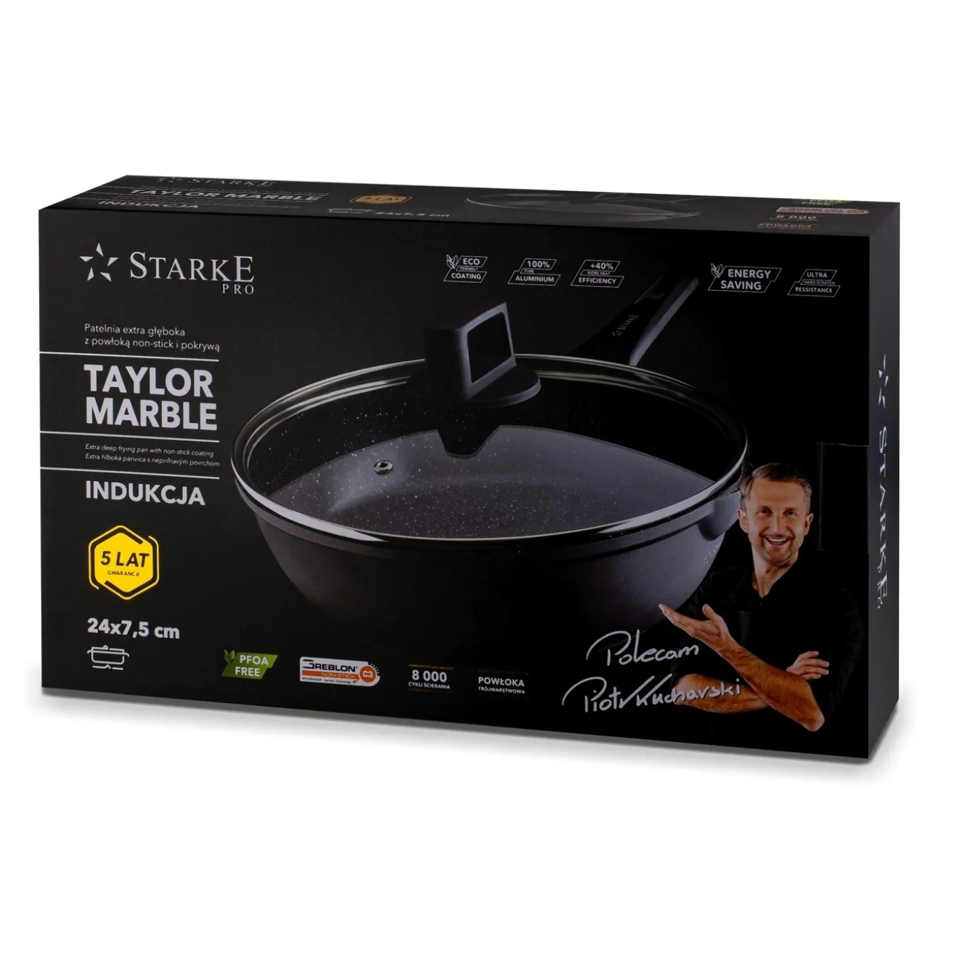 Patelnia na indukcję z pokrywką Starke Pro Taylor Marble 24 cm głęboka