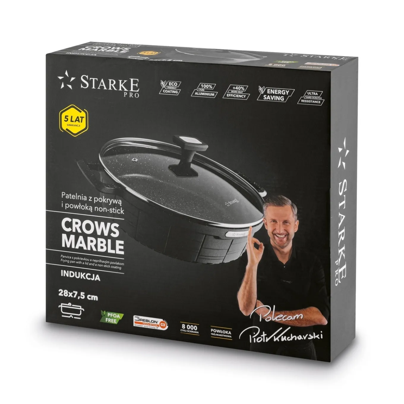 Patelnia na indukcję z powłoką marmurową i pokrywką Starke Pro Crows Marble 28 x 7,5 cm krótkie uchwyty