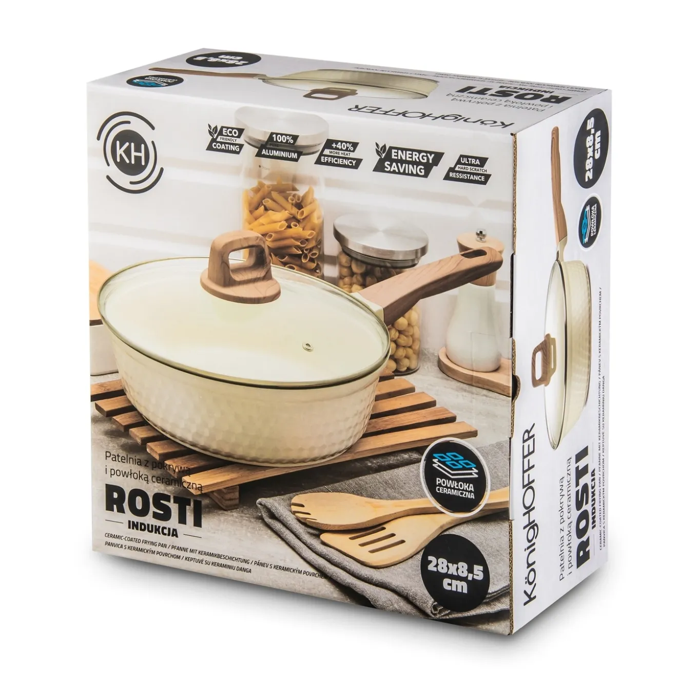 Patelnia z powłoką ceramiczną na indukcję Konighoffer Rosti z pokrywką 28 cm kremowa