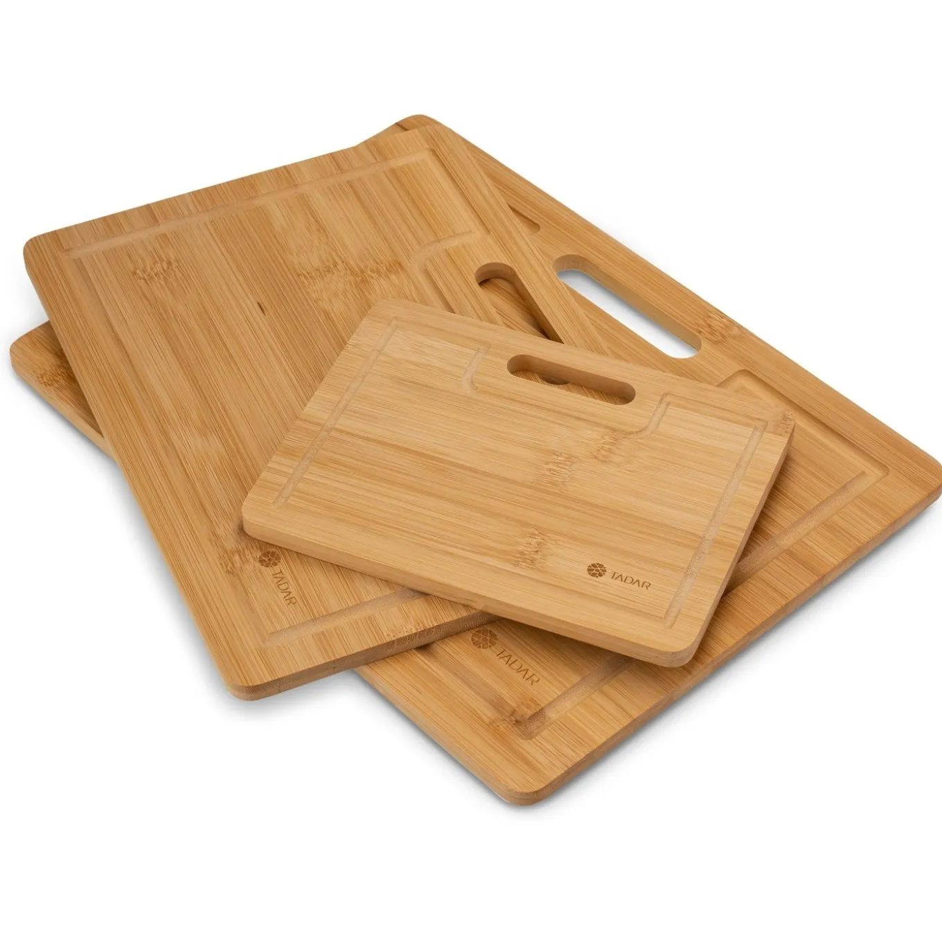 Zestaw 3 desek bambusowych do krojenia z uchwytem Tadar 35 x 26 cm 30 x 22,5 cm 20 x 15 cm