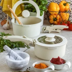 Zestaw garnków Starke Pro Compacti Cream 9 elementów odpinany uchwyt