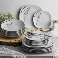 Zestaw kwadratowych talerzy porcelanowych Tadar Wstęga 18 elementów