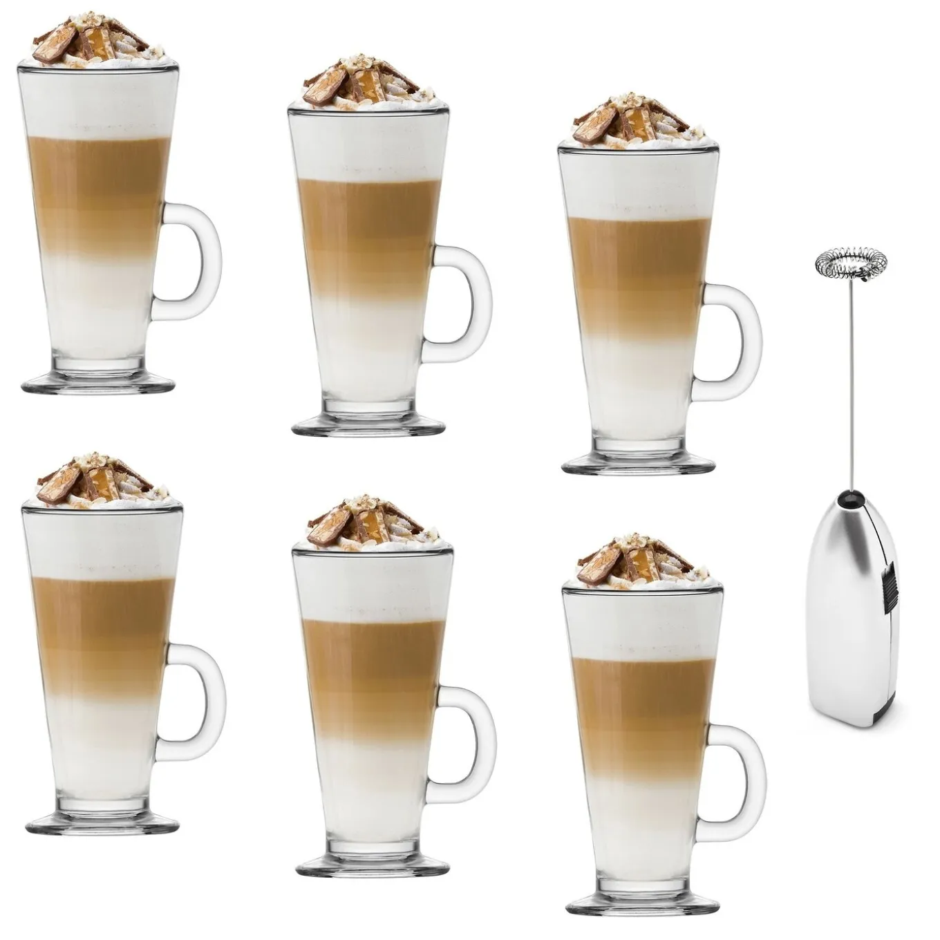 Zestaw 6 szklanek Tadar Caffee Latte 250 ml i elektryczny spieniacz do mleka